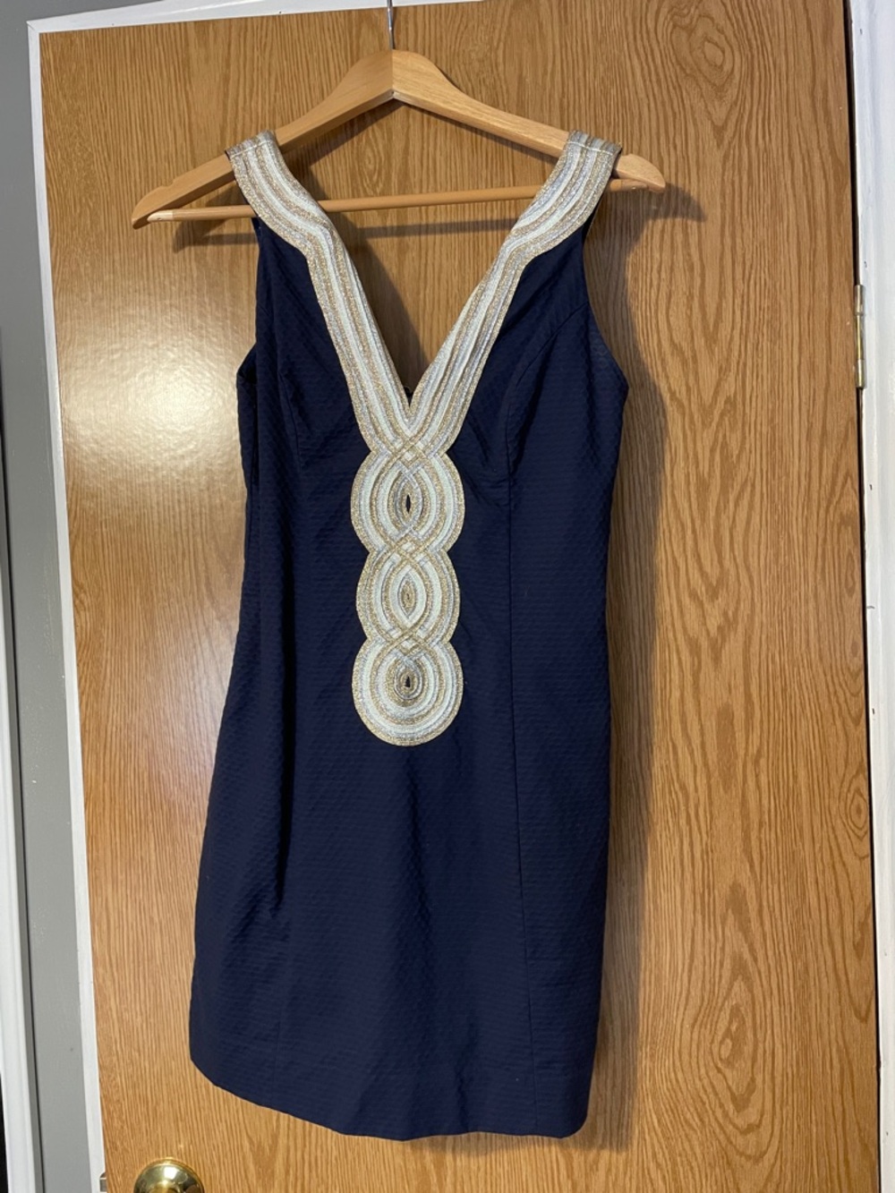 Lilly Pulitzer Navy Sleeveless V-Neck Dress with Gold Embellished Trim
